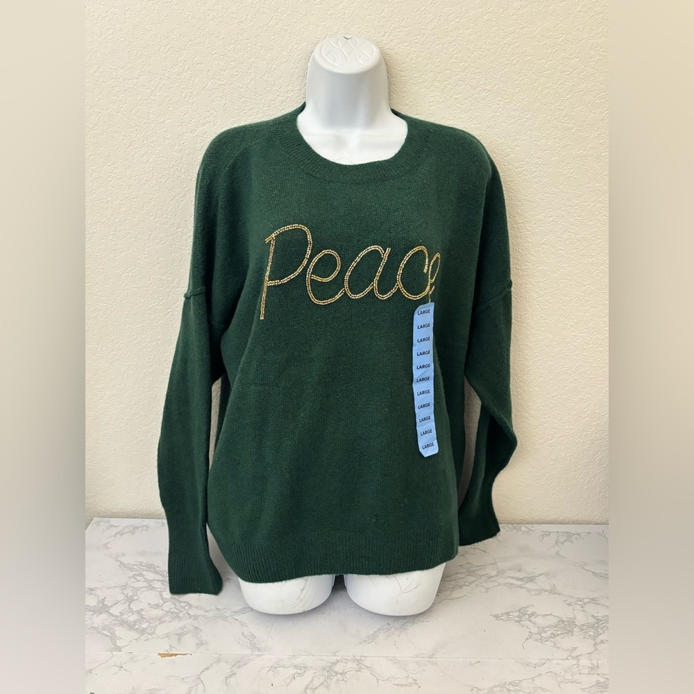 Vince Camuto Holiday Sweater Womens L Green Gold Peace Pullover NWT MSRP $79​